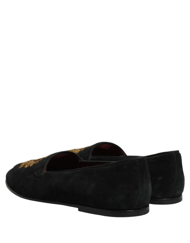 Dolce &amp; Gabbana Black Velvet Crown Embroidery Loafers Shoes