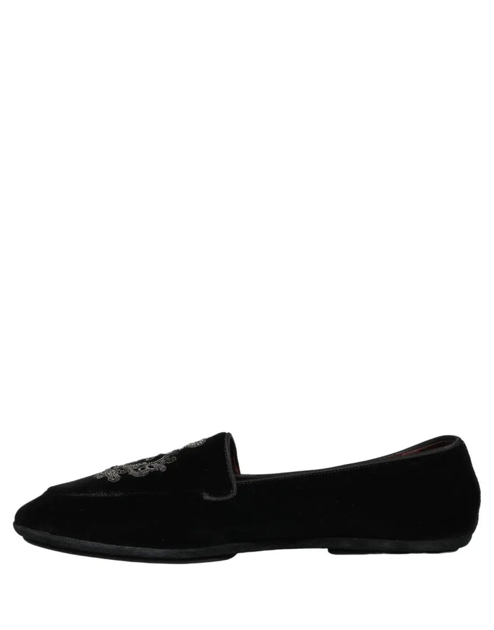 Dolce &amp; Gabbana Black Velvet Crown Embroidery Loafers Shoes