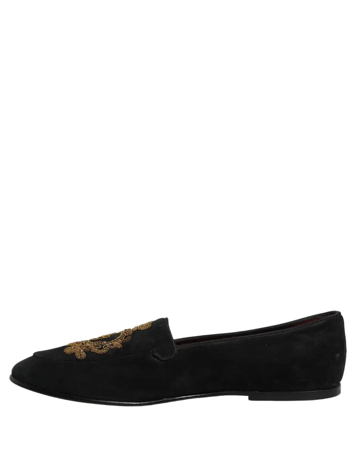 Dolce &amp; Gabbana Black Velvet Crown Embroidery Loafers Shoes