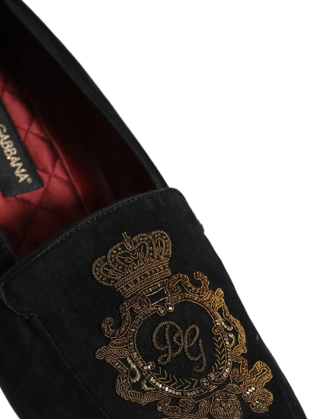 Dolce &amp; Gabbana Black Velvet Crown Embroidery Loafers Shoes
