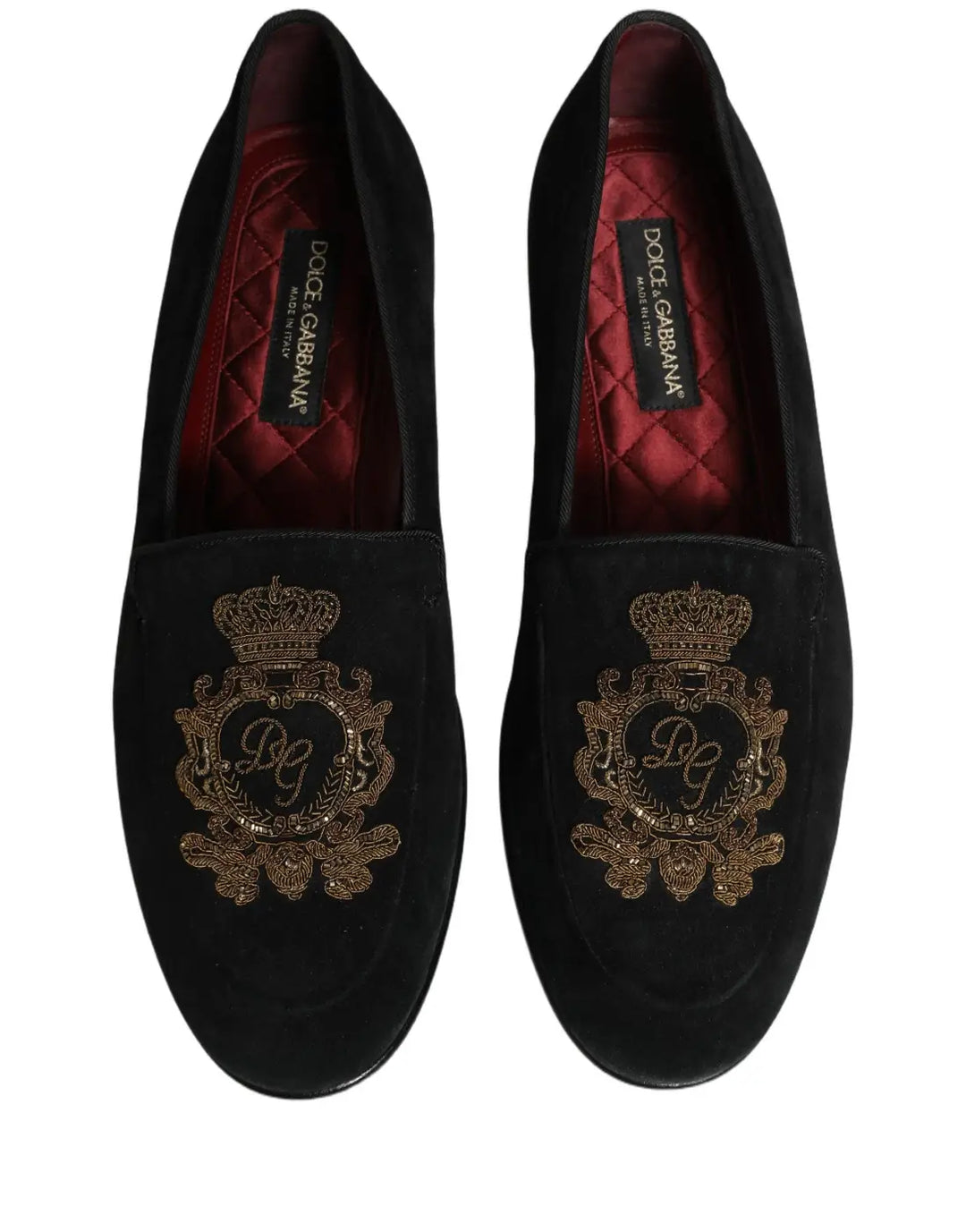 Dolce &amp; Gabbana Black Velvet Crown Embroidery Loafers Shoes