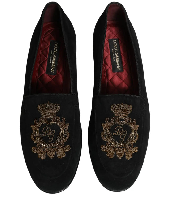 Dolce &amp; Gabbana Black Velvet Crown Embroidery Loafers Shoes