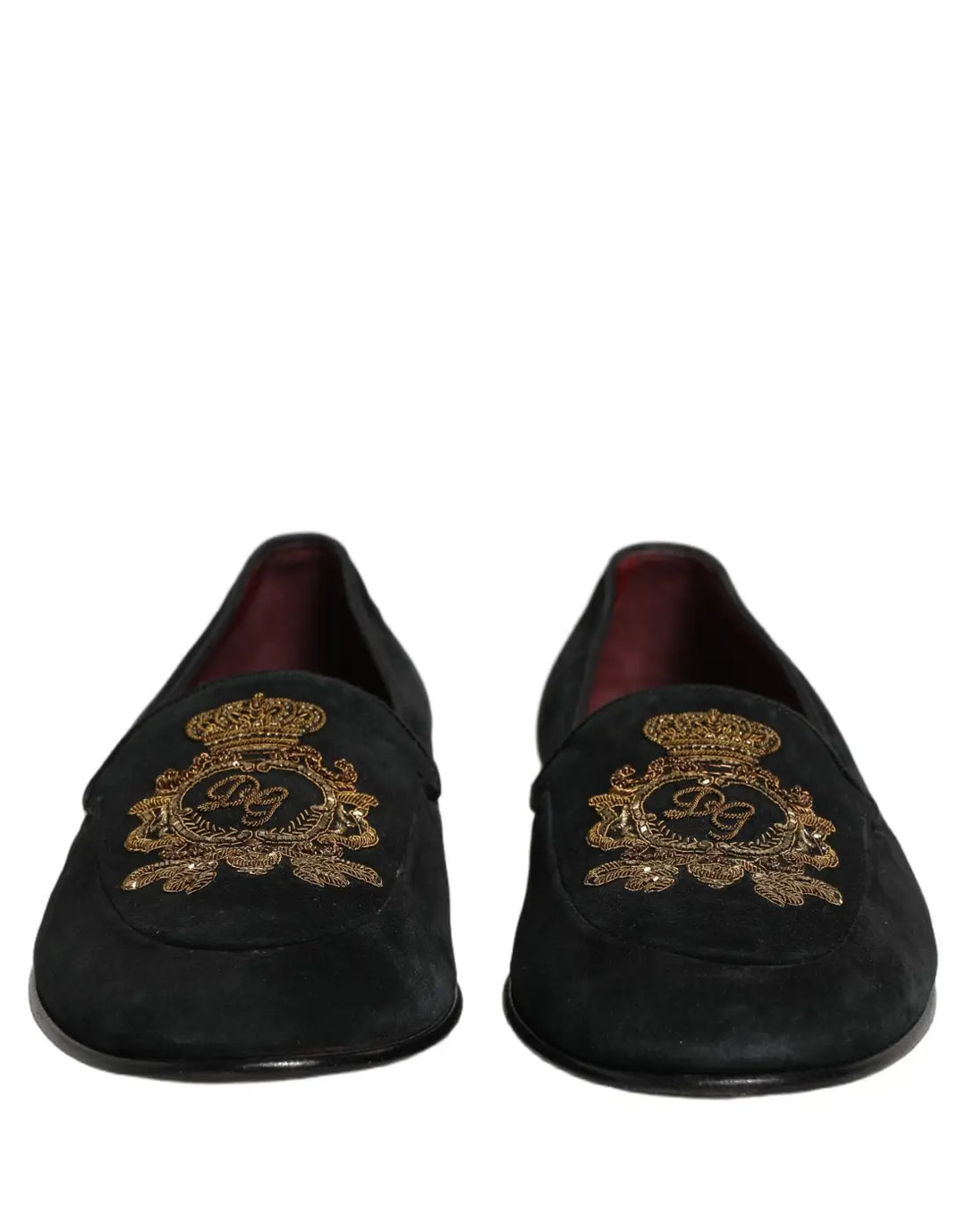 Dolce &amp; Gabbana Black Velvet Crown Embroidery Loafers Shoes