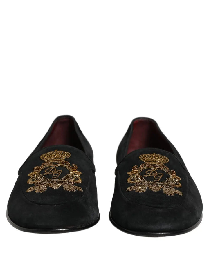 Dolce &amp; Gabbana Black Velvet Crown Embroidery Loafers Shoes