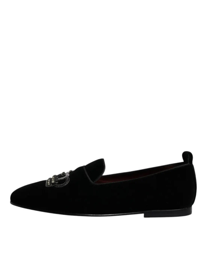 Dolce &amp; Gabbana Black Velvet Crystal Crown Loafers Formal Dress Shoes