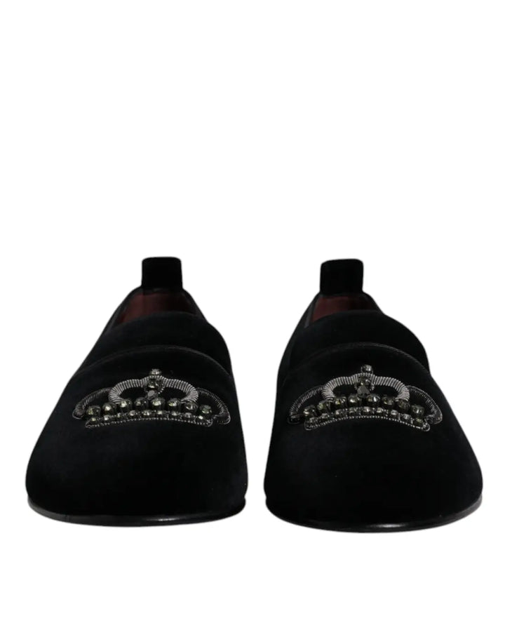 Dolce &amp; Gabbana Black Velvet Crystal Crown Loafers Formal Dress Shoes