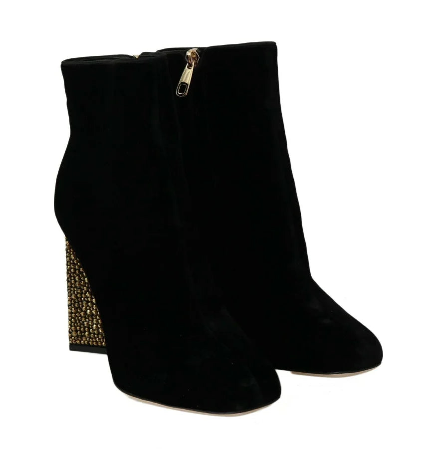 Dolce &amp; Gabbana Black Velvet Crystal Square Heels Shoes