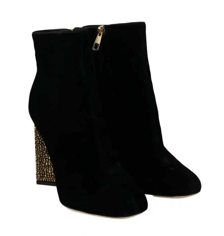 Dolce &amp; Gabbana Black Velvet Crystal Square Heels Shoes