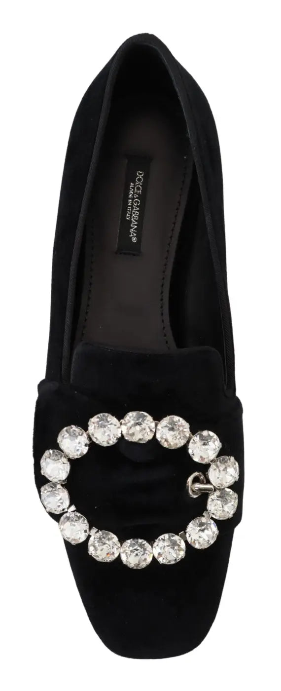 Dolce &amp; Gabbana Black Velvet Crystals Loafers Flats Shoes
