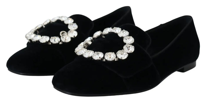 Dolce &amp; Gabbana Black Velvet Crystals Loafers Flats Shoes