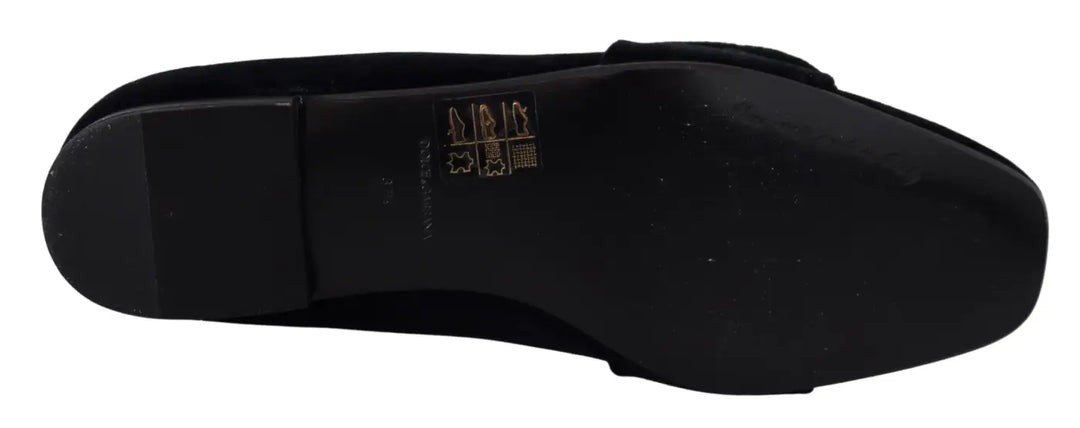 Dolce &amp; Gabbana Black Velvet Crystals Loafers Flats Shoes