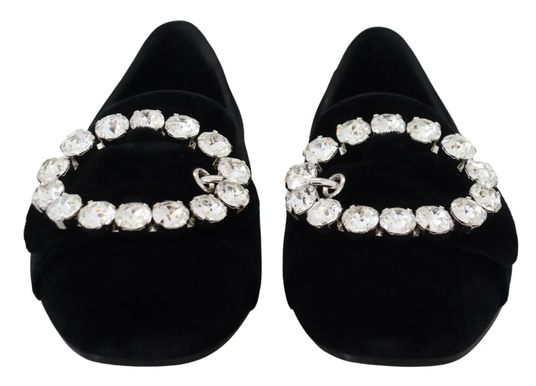 Dolce &amp; Gabbana Black Velvet Crystals Loafers Flats Shoes