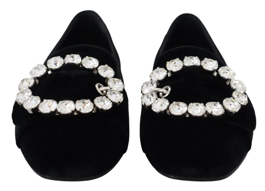 Dolce &amp; Gabbana Black Velvet Crystals Loafers Flats Shoes