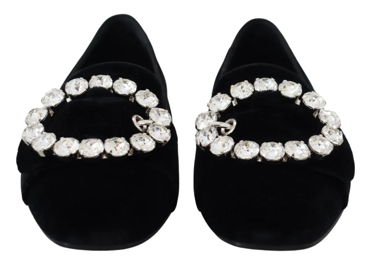 Dolce &amp; Gabbana Black Velvet Crystals Loafers Flats Shoes
