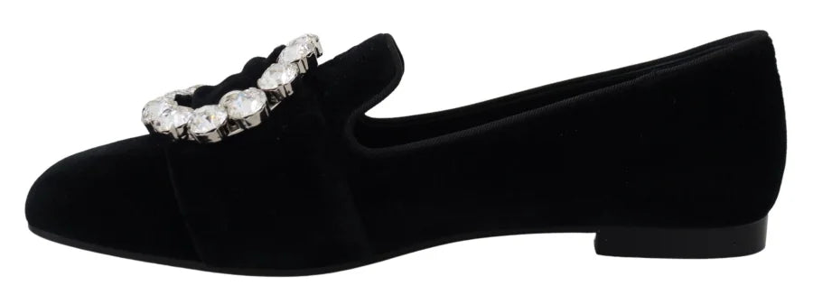 Dolce &amp; Gabbana Black Velvet Crystals Loafers Flats Shoes