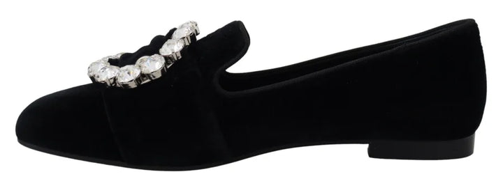 Dolce &amp; Gabbana Black Velvet Crystals Loafers Flats Shoes