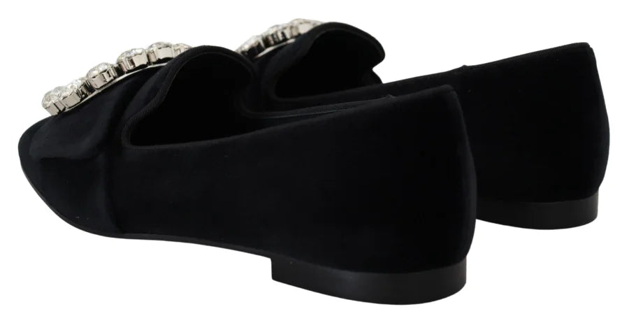 Dolce &amp; Gabbana Black Velvet Crystals Loafers Flats Shoes