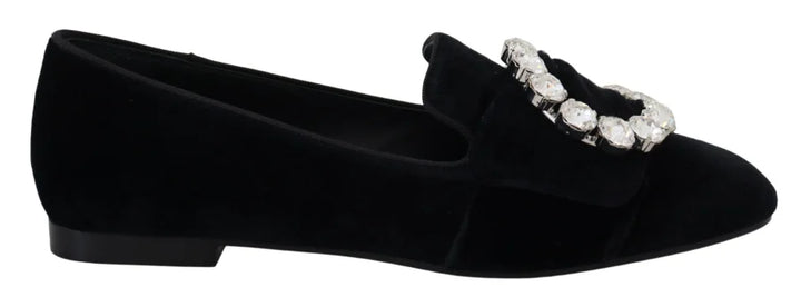 Dolce &amp; Gabbana Black Velvet Crystals Loafers Flats Shoes