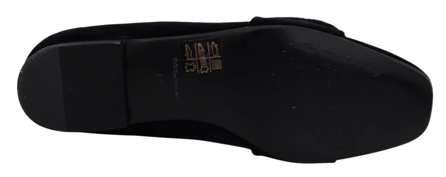 Dolce &amp; Gabbana Black Velvet Crystals Loafers Flats Shoes