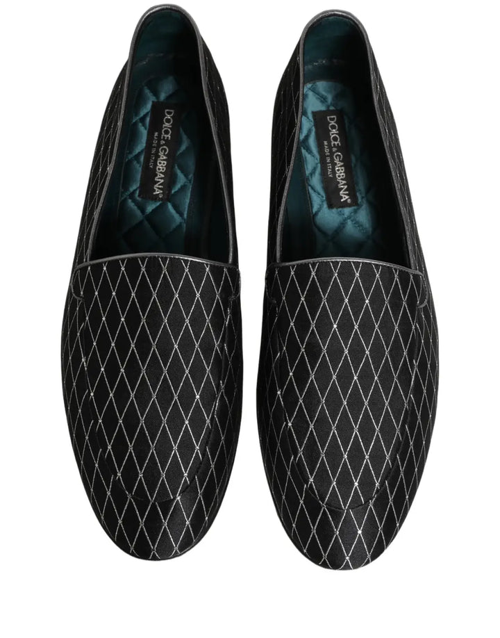 Dolce &amp; Gabbana Black Velvet Diamond Stitched Loafers Shoes