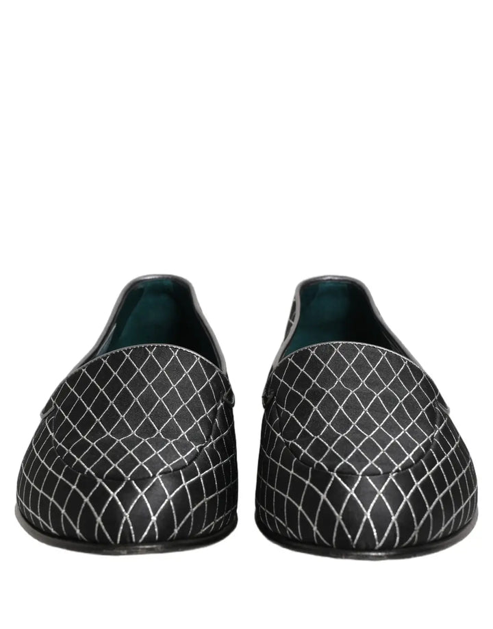 Dolce &amp; Gabbana Black Velvet Diamond Stitched Loafers Shoes