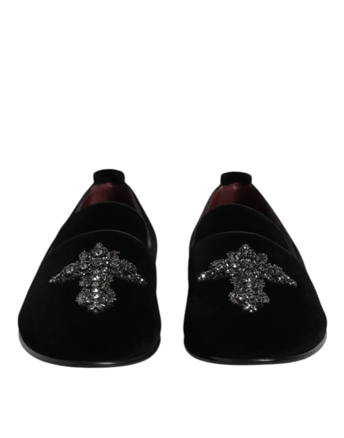 Dolce &amp; Gabbana Black Velvet Embellished Loafer Slip On Shoes