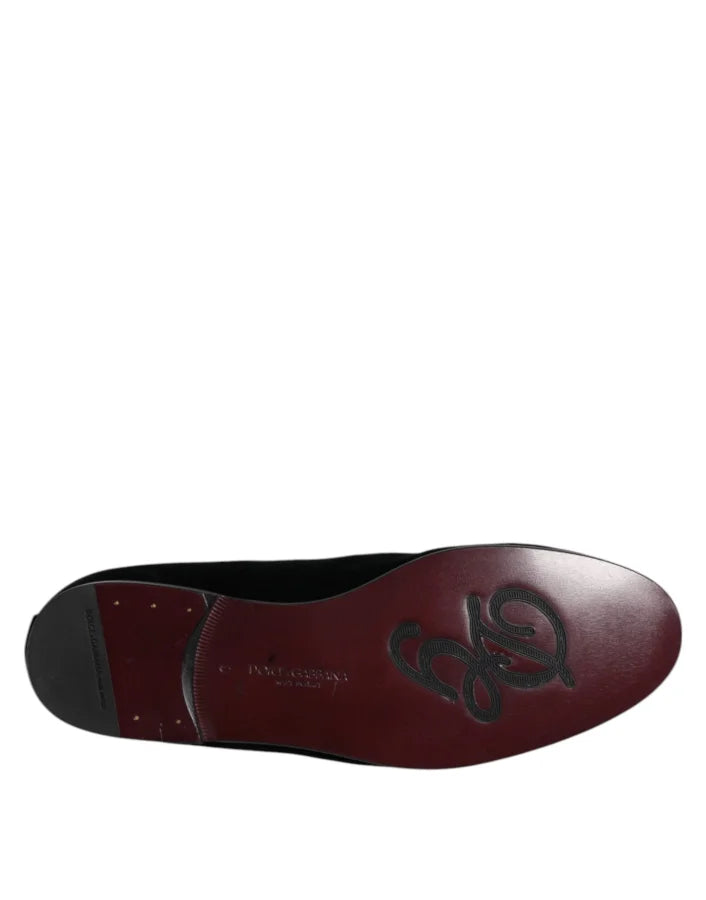 Dolce &amp; Gabbana Black Velvet Embellished Loafer Slip On Shoes