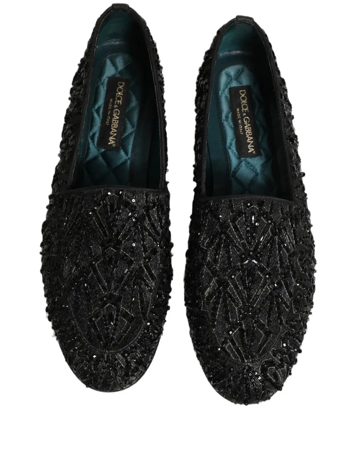 Dolce &amp; Gabbana Black Velvet Embroidered Dress Loafers Shoes