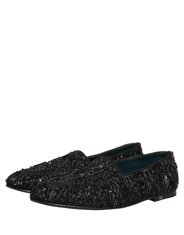 Dolce &amp; Gabbana Black Velvet Embroidered Dress Loafers Shoes