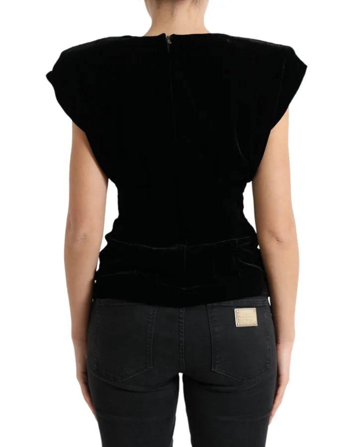 Dolce &amp; Gabbana Black Velvet Fitted Padded Shoulder Blouse Top