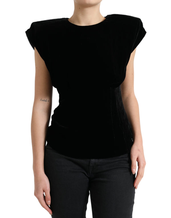 Dolce & Gabbana - Black Velvet Fitted Padded Shoulder Blouse Top
