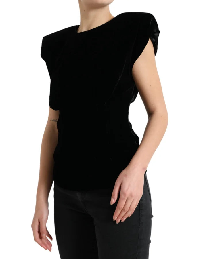 Dolce &amp; Gabbana Black Velvet Fitted Padded Shoulder Blouse Top