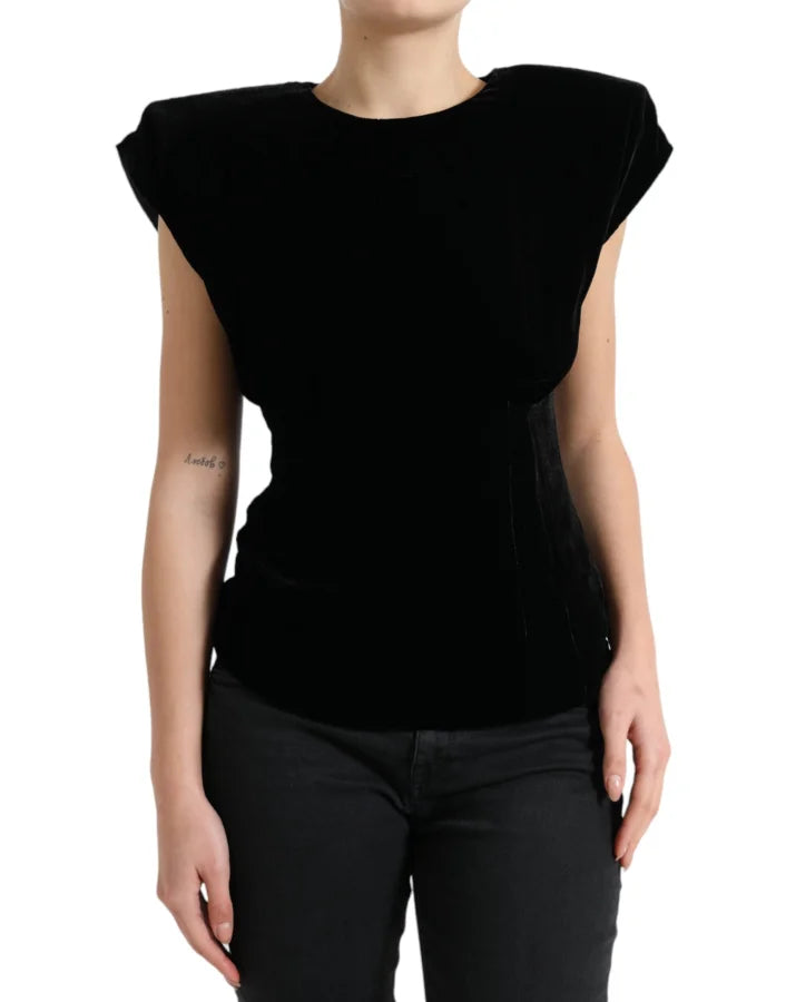 Dolce &amp; Gabbana Black Velvet Fitted Padded Shoulder Blouse Top