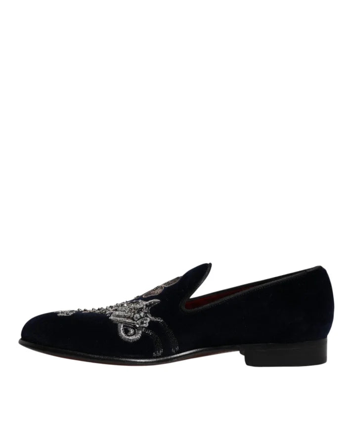 Dolce &amp; Gabbana Black Velvet Floral Gun Loafers Dress Shoes