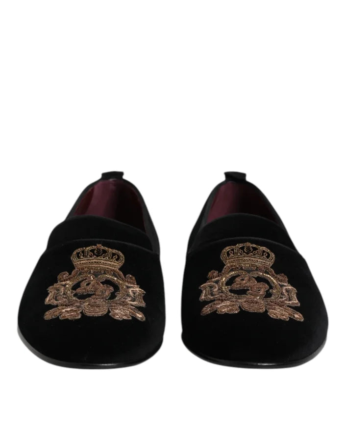 Dolce &amp; Gabbana Black Velvet Gold Crown Mens Loafers Shoes