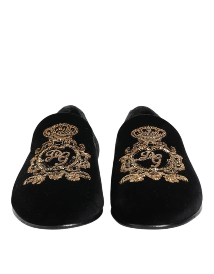 Dolce &amp; Gabbana Black Velvet Gold Crown Mens Loafers Shoes