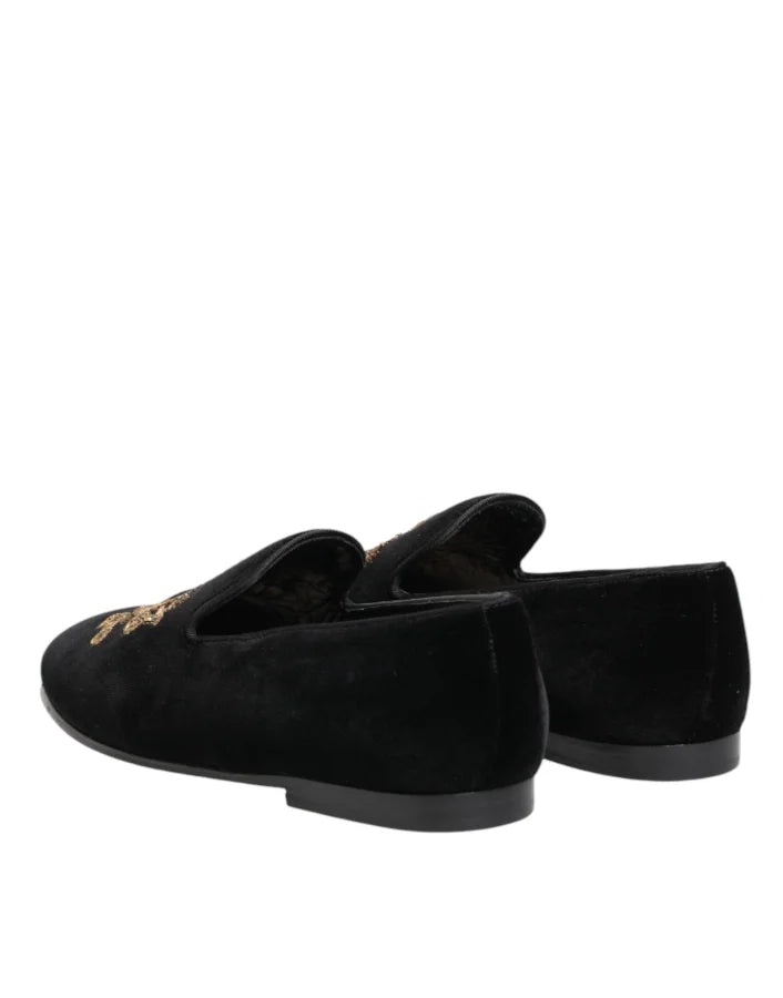 Dolce &amp; Gabbana Black Velvet Gold Crown Mens Loafers Shoes