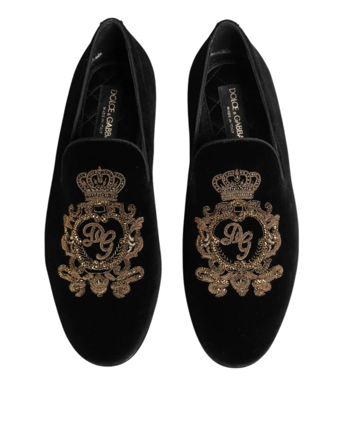 Dolce &amp; Gabbana Black Velvet Gold Crown Mens Loafers Shoes