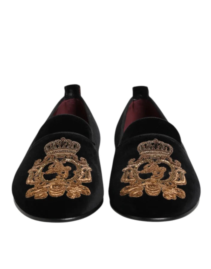 Dolce &amp; Gabbana Black Velvet Gold Crown Mens Loafers Shoes