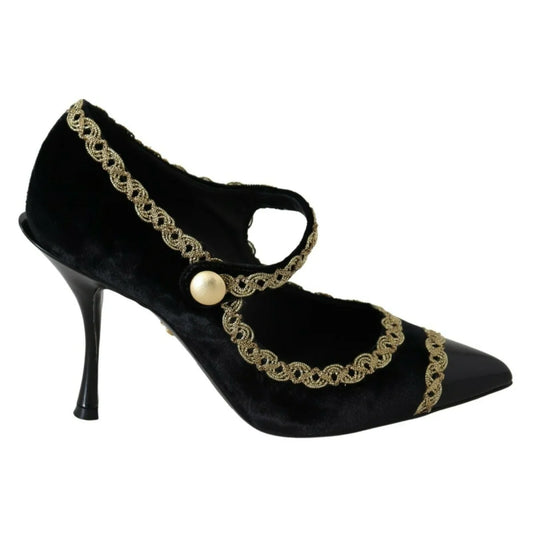 Dolce Gabbana Black Velvet Mary Jane Pumps Pointed Toes Glamour &