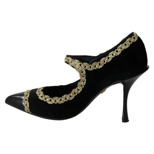 Dolce Gabbana Black Velvet Mary Jane Pumps Pointed Toes Glamour &