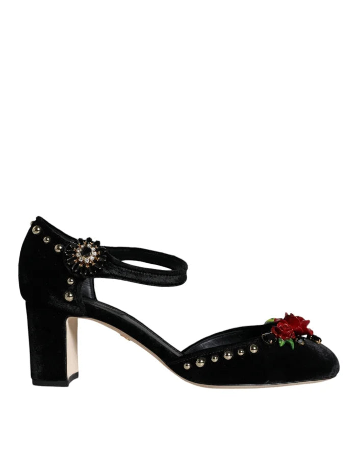 Dolce &amp; Gabbana Black Velvet Roses Ankle Strap Pumps Shoes