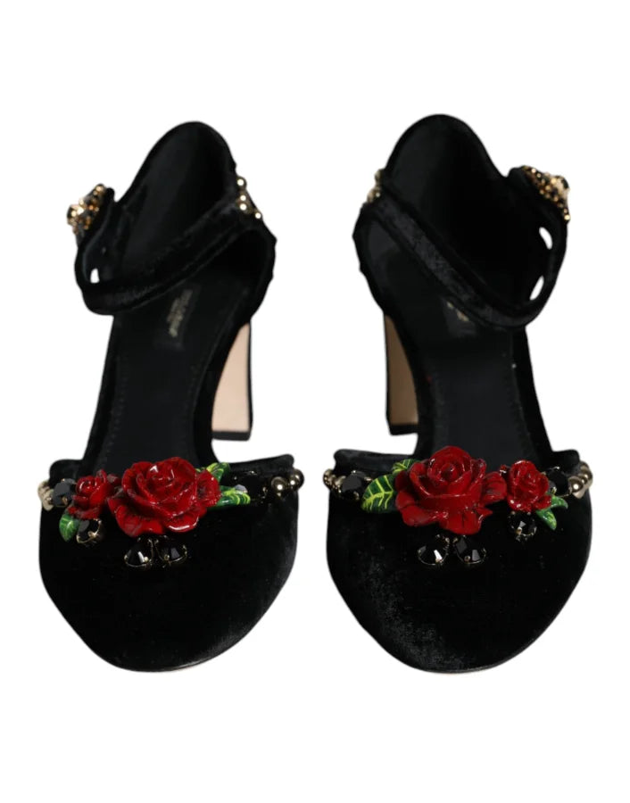 Dolce &amp; Gabbana Black Velvet Roses Ankle Strap Pumps Shoes