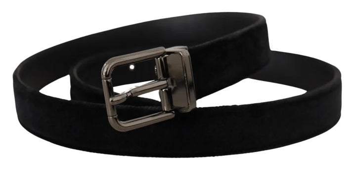 Dolce &amp; Gabbana Black Velvet Silver Tone Logo Metal Buckle Belt
