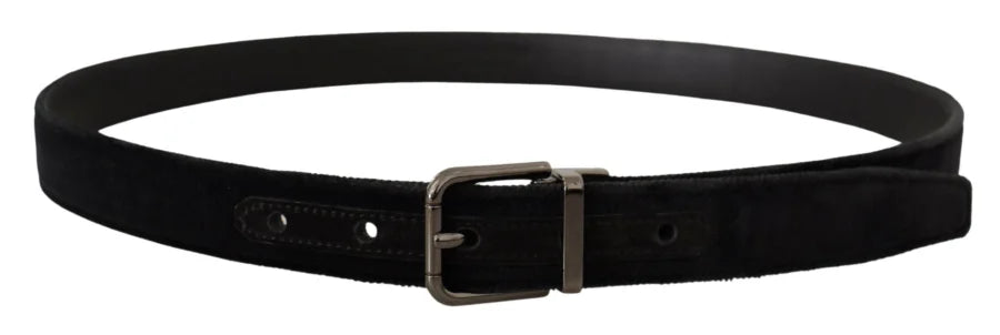 Dolce &amp; Gabbana Black Velvet Silver Tone Logo Metal Buckle Belt
