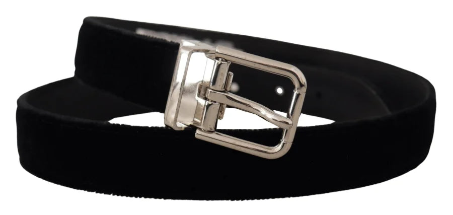 Dolce &amp; Gabbana Black Velvet Silver Tone Metal Logo Buckle Belt