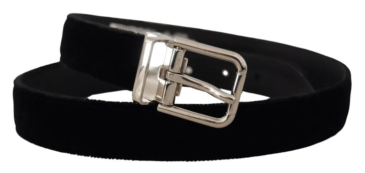 Dolce &amp; Gabbana Black Velvet Silver Tone Metal Logo Buckle Belt