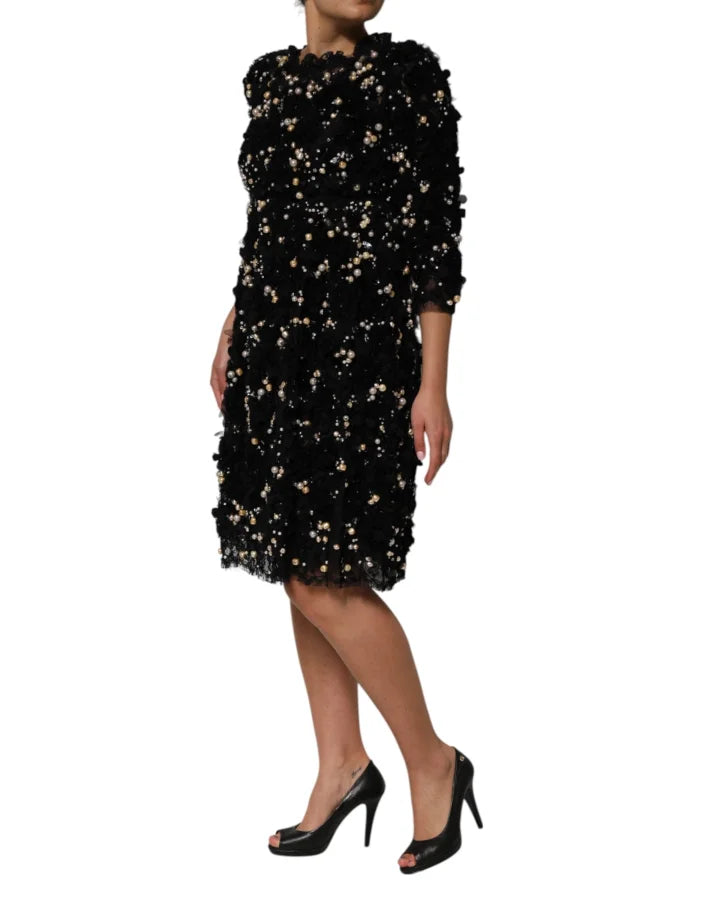 Dolce &amp; Gabbana Black Viscose Pearl Embellishment Shift Dress