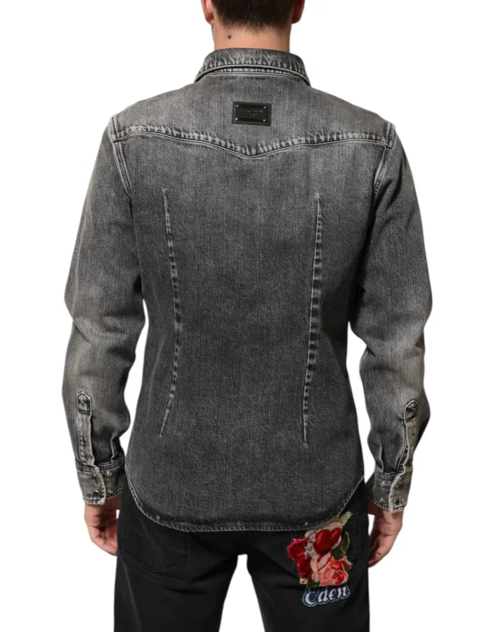 Dolce &amp; Gabbana Black Washed Cotton Snap Long Sleeve Casual Shirt