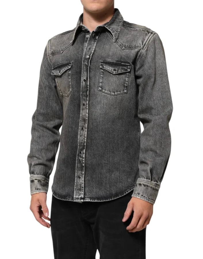 Dolce &amp; Gabbana Black Washed Cotton Snap Long Sleeve Casual Shirt